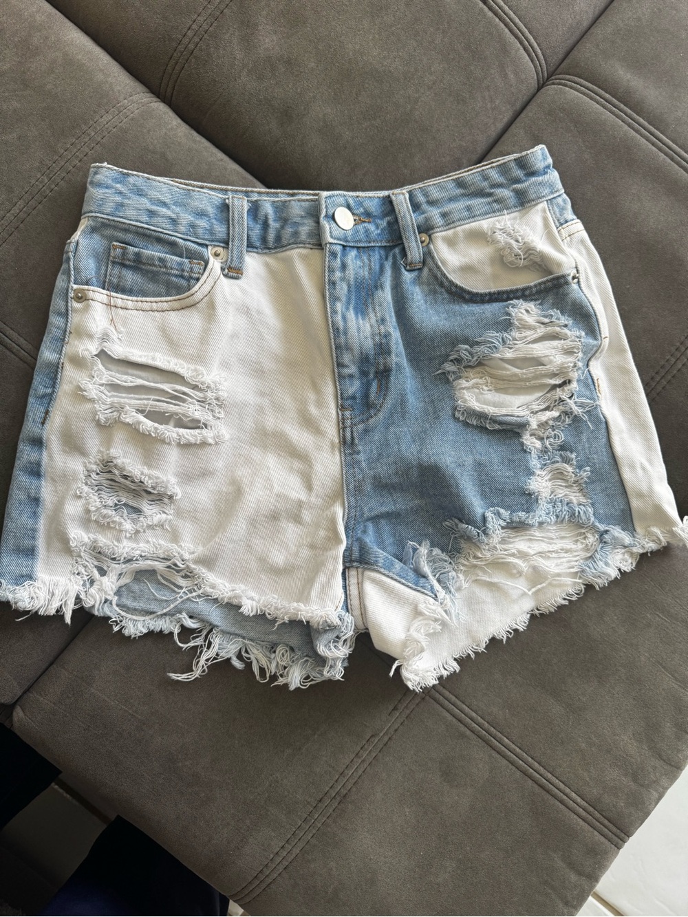 American Bazi Two-Tone Distressed Denim Shorts - Light Blue & White